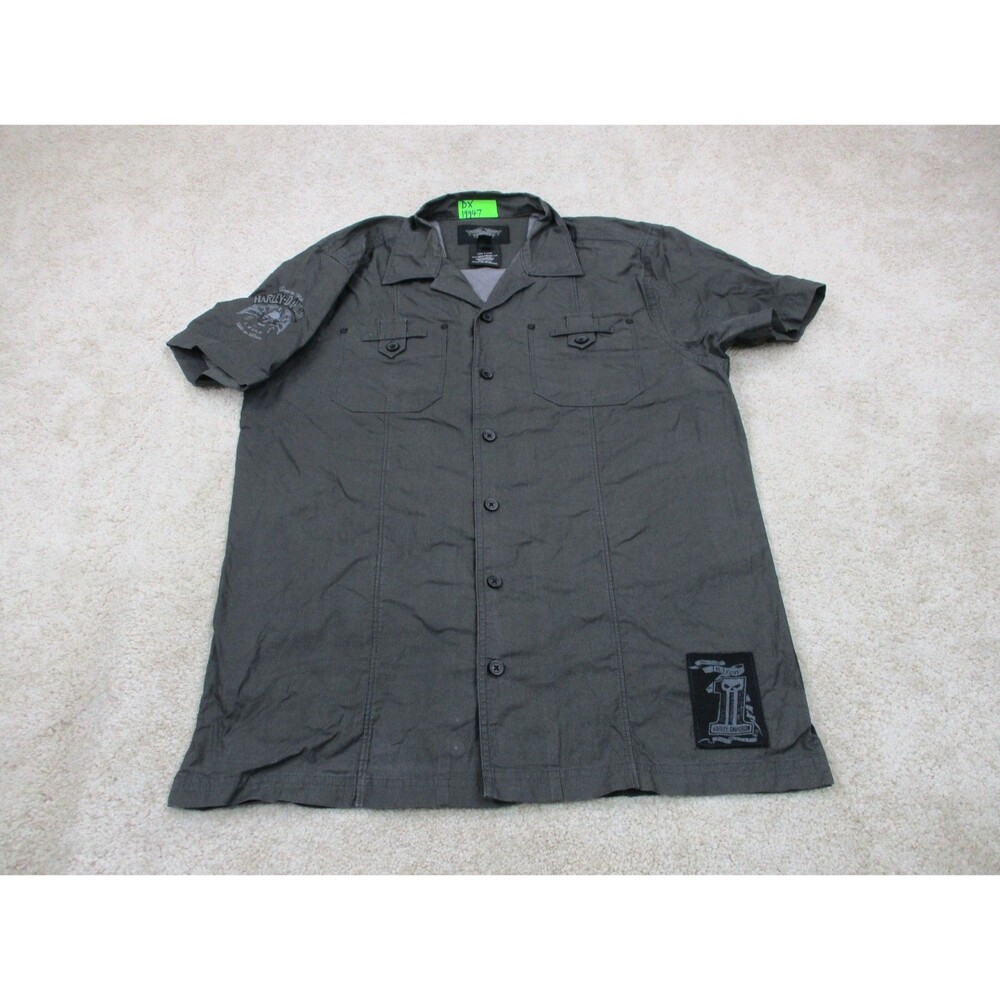 Harley Davidson Shirt Mens Large Gray Motorcycle Biker Mechanic Casual Button Up